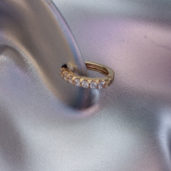 Classic Gold tone huggy hoops with clear rhinestone Crystal channel - Picture 2 of 7